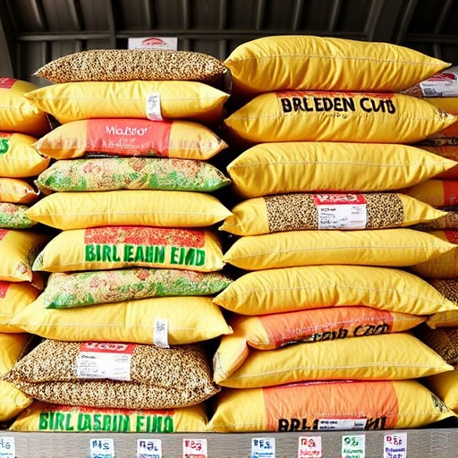 Bulk bird seed bags stacked neatly