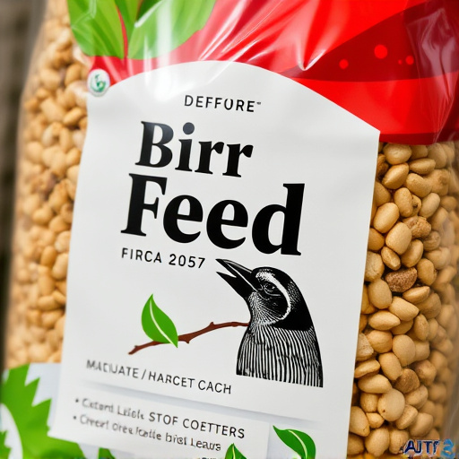 Close-up of labelled bird feed packaging