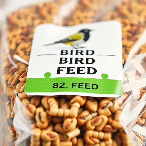 Close-up of labelled bird feed packaging