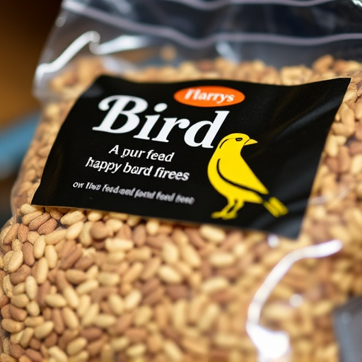 Close-up of labelled bird feed packaging