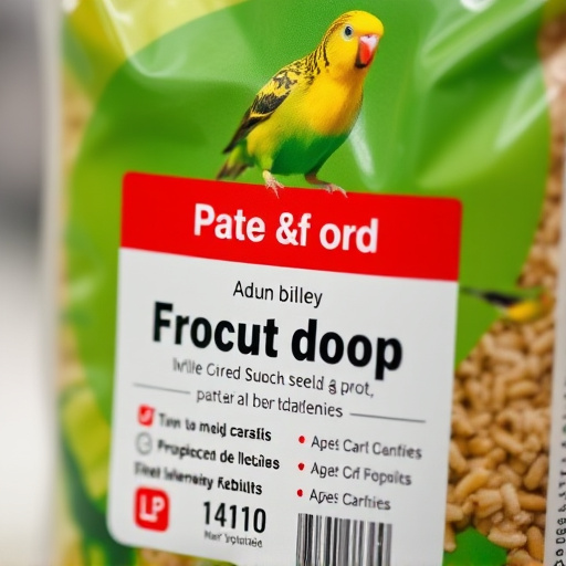Close-up of labelled bird feed packaging