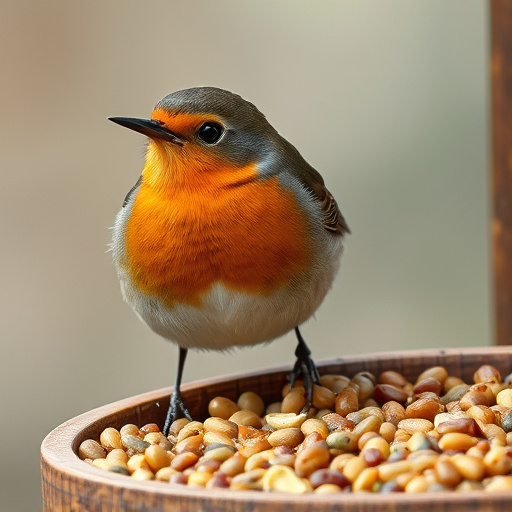 Close-up of robin near mealworm tray