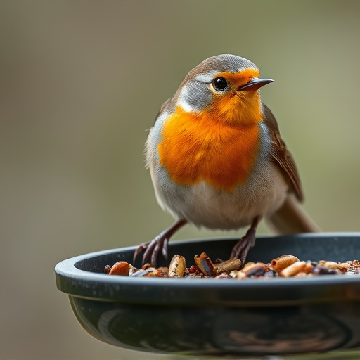 Close-up of robin near mealworm tray
