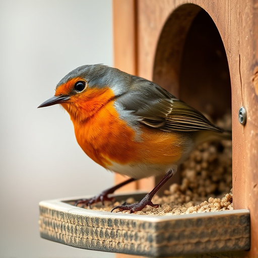 Close-up of robin near mealworm tray