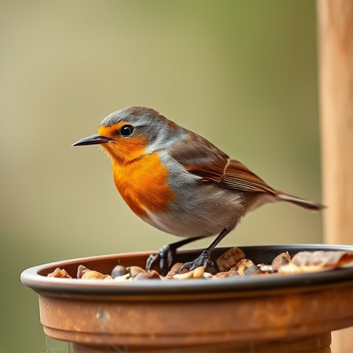 Close-up of robin near mealworm tray