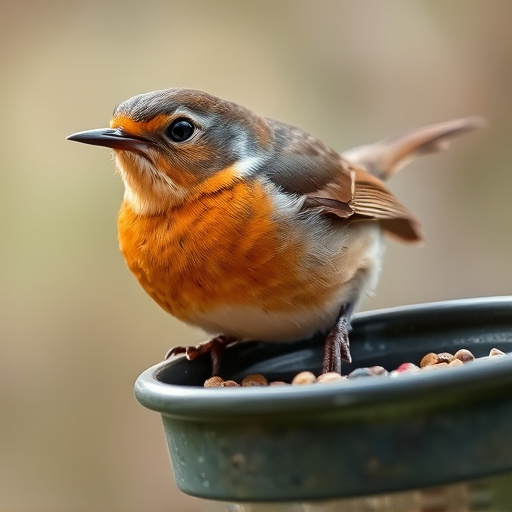 Close-up of robin near mealworm tray