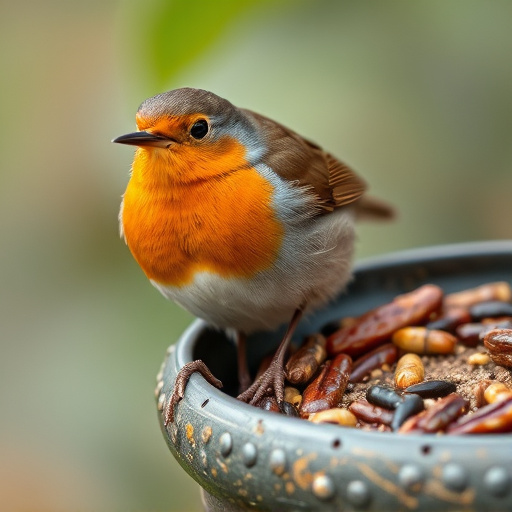 Close-up of robin near mealworm tray