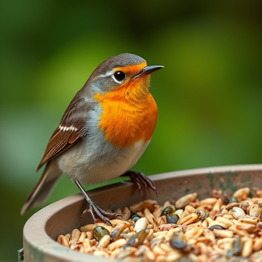 Close-up of robin near mealworm tray