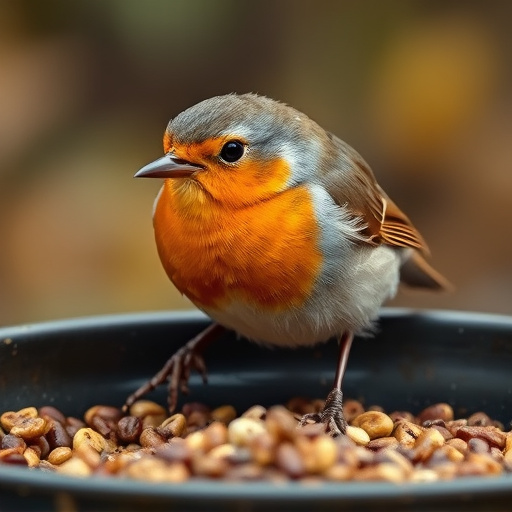 Close-up of robin near mealworm tray