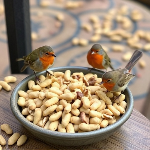 Crushed peanuts served for garden robins