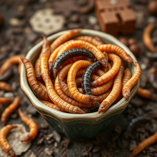 Dried mealworms in small garden dish