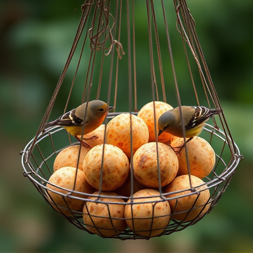 Fat balls in mesh feeder with tits