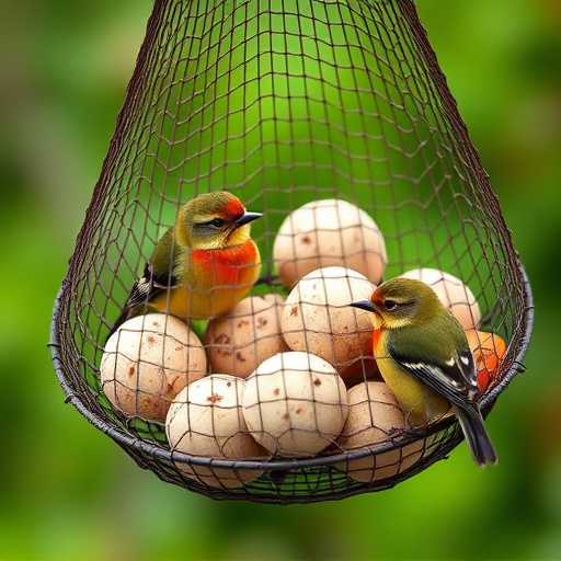 Fat balls in mesh feeder with tits