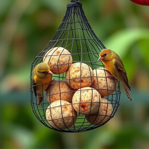 Fat balls in mesh feeder with tits