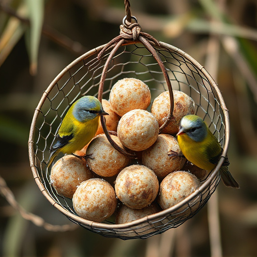 Fat balls in mesh feeder with tits