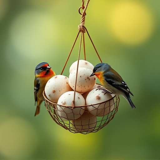 Fat balls in mesh feeder with tits