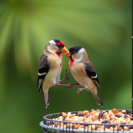 Finch eating from seed-filled feeder