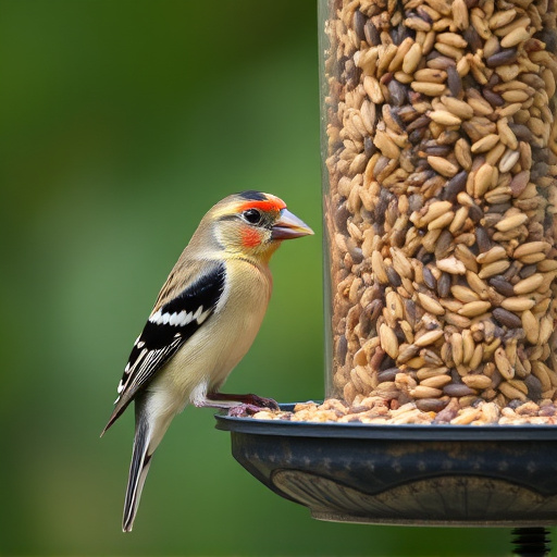 Finch eating from seed-filled feeder