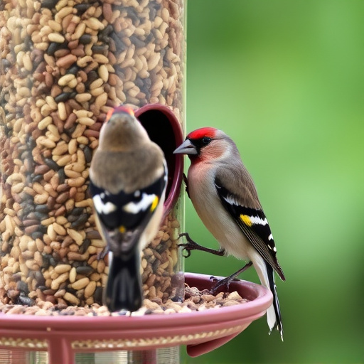 Finch eating from seed-filled feeder