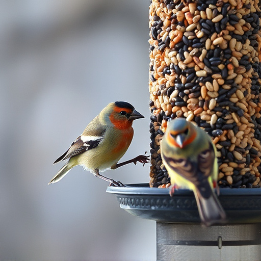 Finch eating from seed-filled feeder