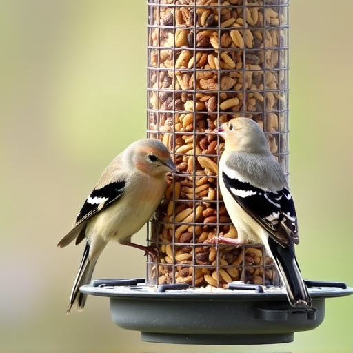 Finch eating from seed-filled feeder