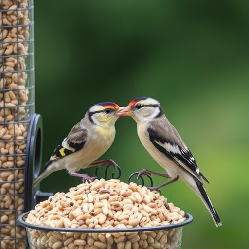 Finch eating from seed-filled feeder