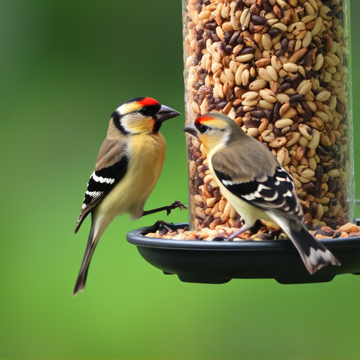 Finch eating from seed-filled feeder