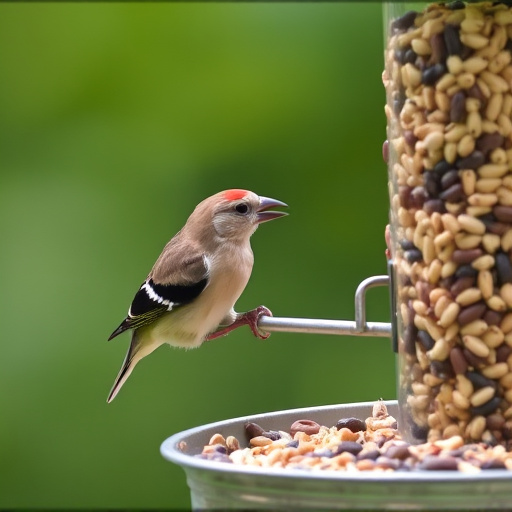 Finch eating from seed-filled feeder