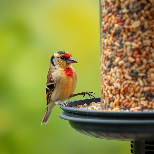 Finch eating from seed-filled feeder