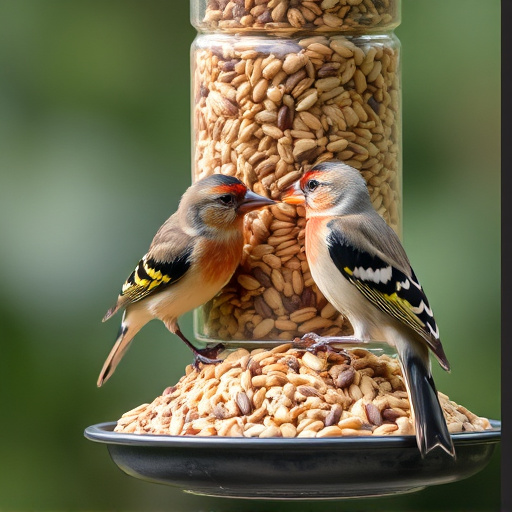 Finch eating from seed-filled feeder