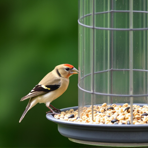 Finch eating from seed-filled feeder