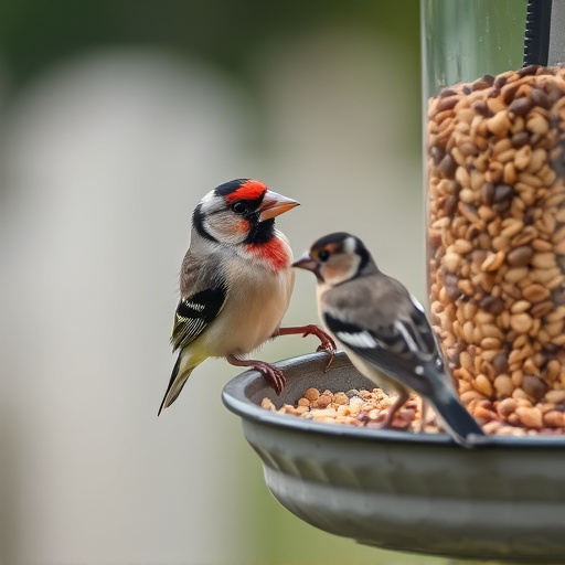 Finch eating from seed-filled feeder