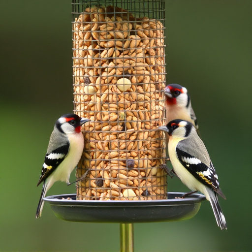 Finches eating from seed-filled feeder