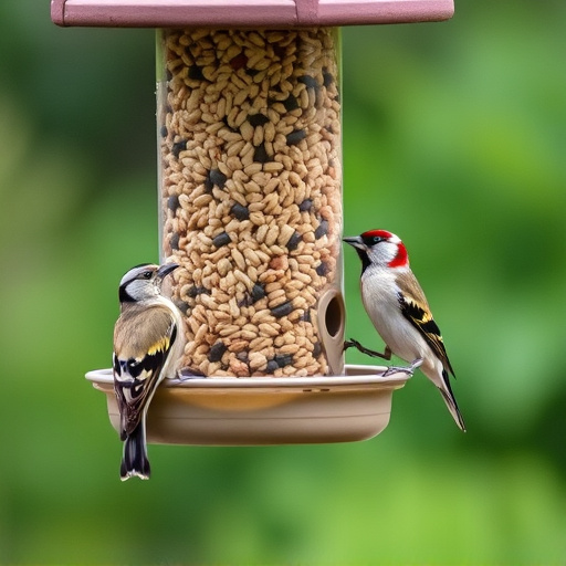 Finches eating from seed-filled feeder