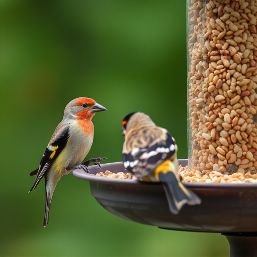 Finches eating from seed-filled feeder