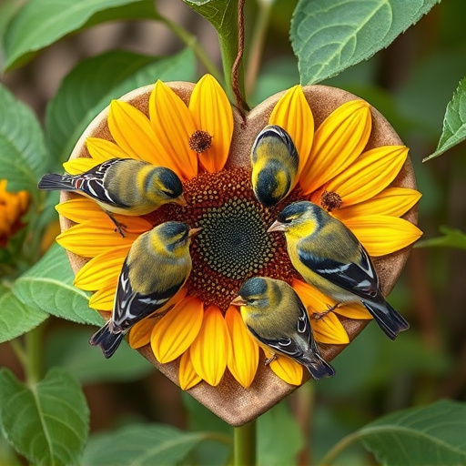 Finches gathered around sunflower heart dish