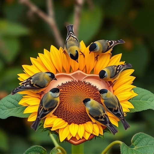 Finches gathered around sunflower heart dish