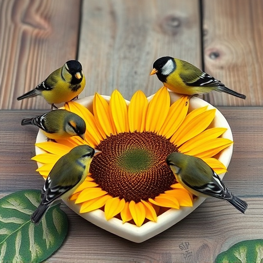 Finches gathered around sunflower heart dish