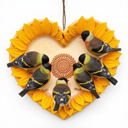 Finches gathered around sunflower heart dish