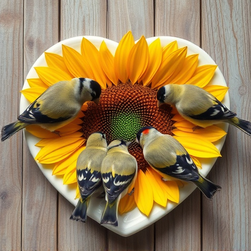 Finches gathered around sunflower heart dish