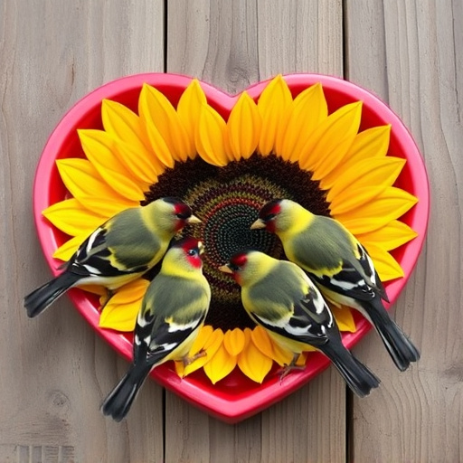 Finches gathered around sunflower heart dish