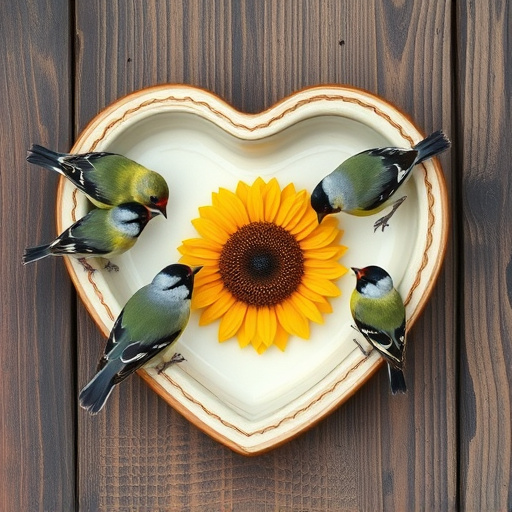 Finches gathered around sunflower heart dish