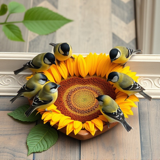 Finches gathered around sunflower heart dish