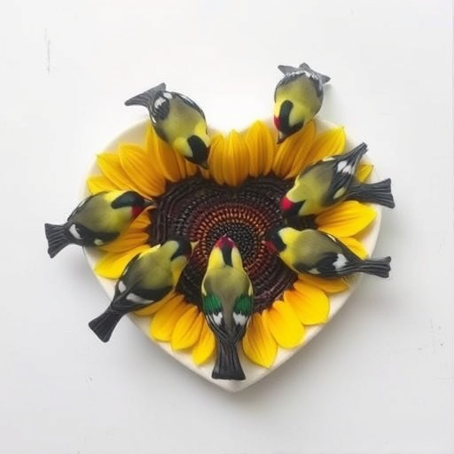 Finches gathered around sunflower heart dish