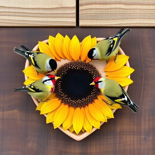 Finches gathered around sunflower heart dish