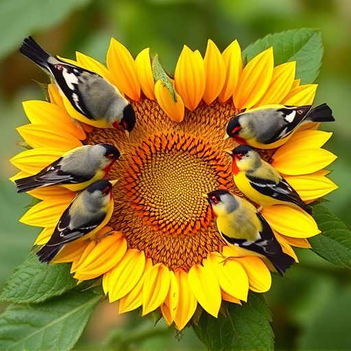 Finches gathered around sunflower heart dish