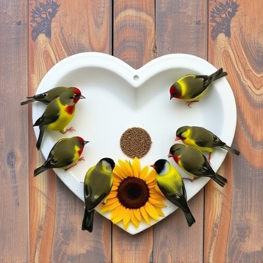 Finches gathered around sunflower heart dish
