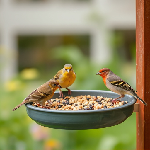 Garden birds feeding on seed tray
