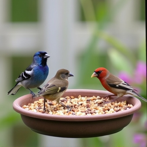 Garden birds feeding on seed tray
