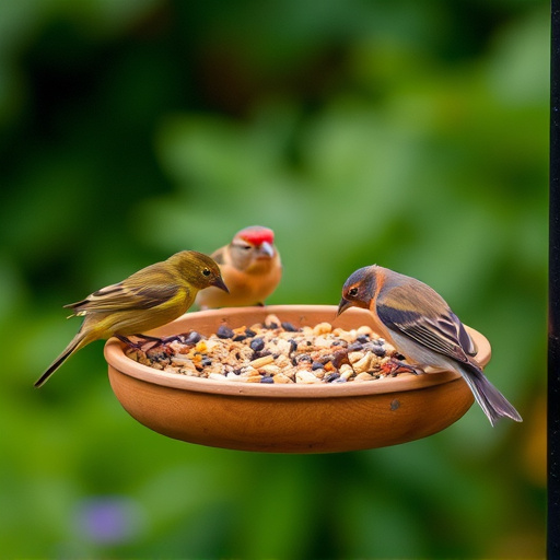 Garden birds feeding on seed tray